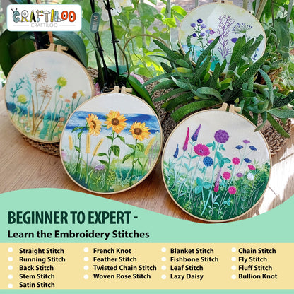 CRAFTILOO Embroidery Kit for Beginners Adults — 4 Floral Stamped Patterns, Learn 17 Stitches | Complete Needlepoint Kit with Hoop, Needles, Thread & Video Tutorial | Embroidery Kits for Adults Women