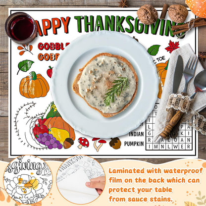 12Pcs R HORSE Thanksgiving Coloring Placemats - Disposable Paper Game Coloring Table Mats, Fall Turkey Place Mats