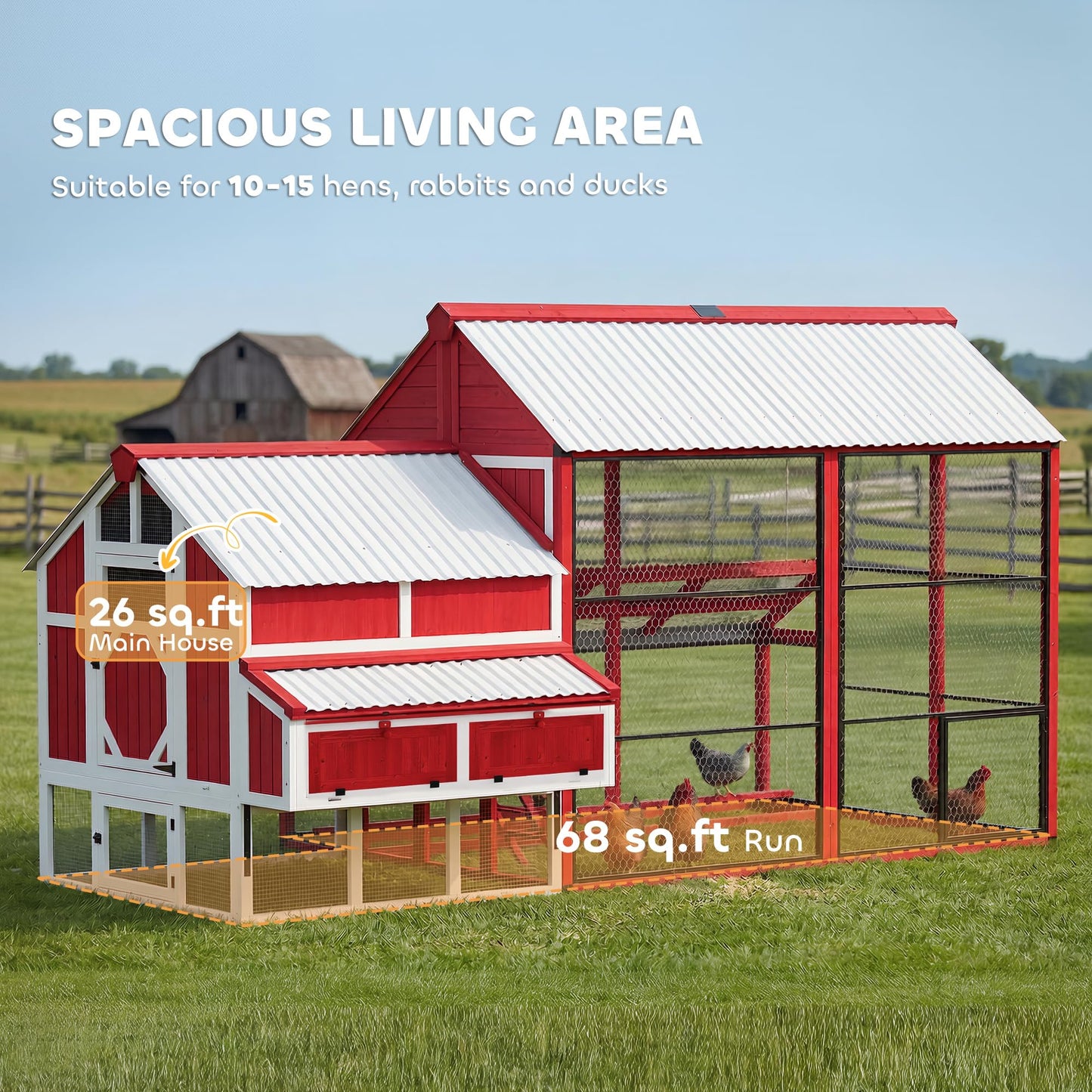 PawHut 187.3" Large Chicken Coop, Walk-in Wooden Hen House, Outdoor Poultry Cage w/Shovel, Run, Waterproof Roof, Nesting Box, Perches, Chicken House for 10-15 Hens, Rabbits, Ducks, for Farm Backyard