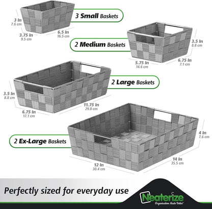NEATERIZE Closet Organization and Storage Baskets, Set of 9 for Bathroom, Laundry, Baby Nursery, Dark Grey