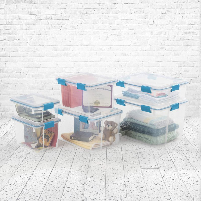 Sterilite 37 Qt Gasket Box, Stackable Storage Bin with Latching Lid and Tight Seal, Plastic Container to Organize Underbed, Clear Base and Lid, 4-Pack