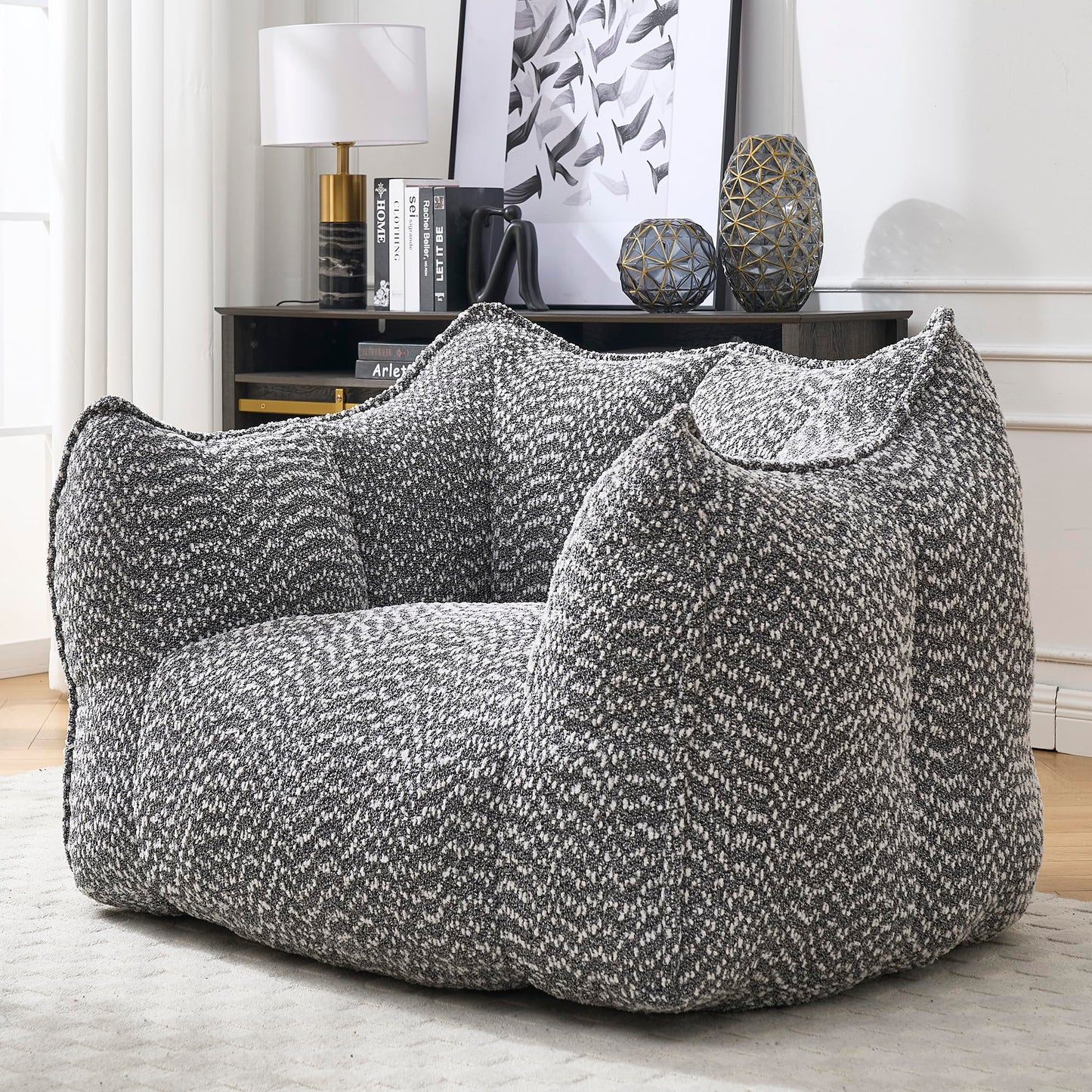Large Grey Chenille Bean Bag Chair for Adults, Oversized Comfy Lounger for Living Room, Bedroom, Gaming, Reading, Watching TV, 47.2" x 36.2" x 30.7"