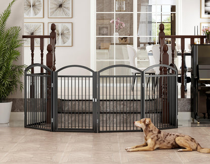THKKY Folding No-Assembly Freestanding Dog Gate with Door,32" Heights Foldable Pet Fence,144" Extra Wide Accordion Puppy Folding Playpen for Doorways,House,Stairs (6 Panels,Black)