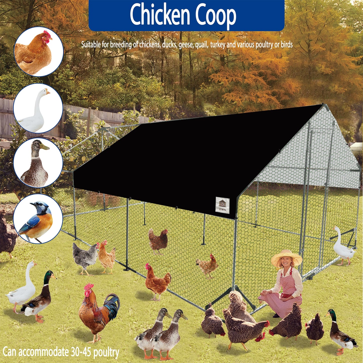 Chicken Runs for Yard with Cover, Metal Chicken Coop, Upgraded Anti-UV 180g/㎡ PE Cloth & 1.1mm Thickened PVC-Coated Hexagonal Chicken Wire Mesh & More Galvanized Steel Standpipes,19.7×9.8×6.4FT
