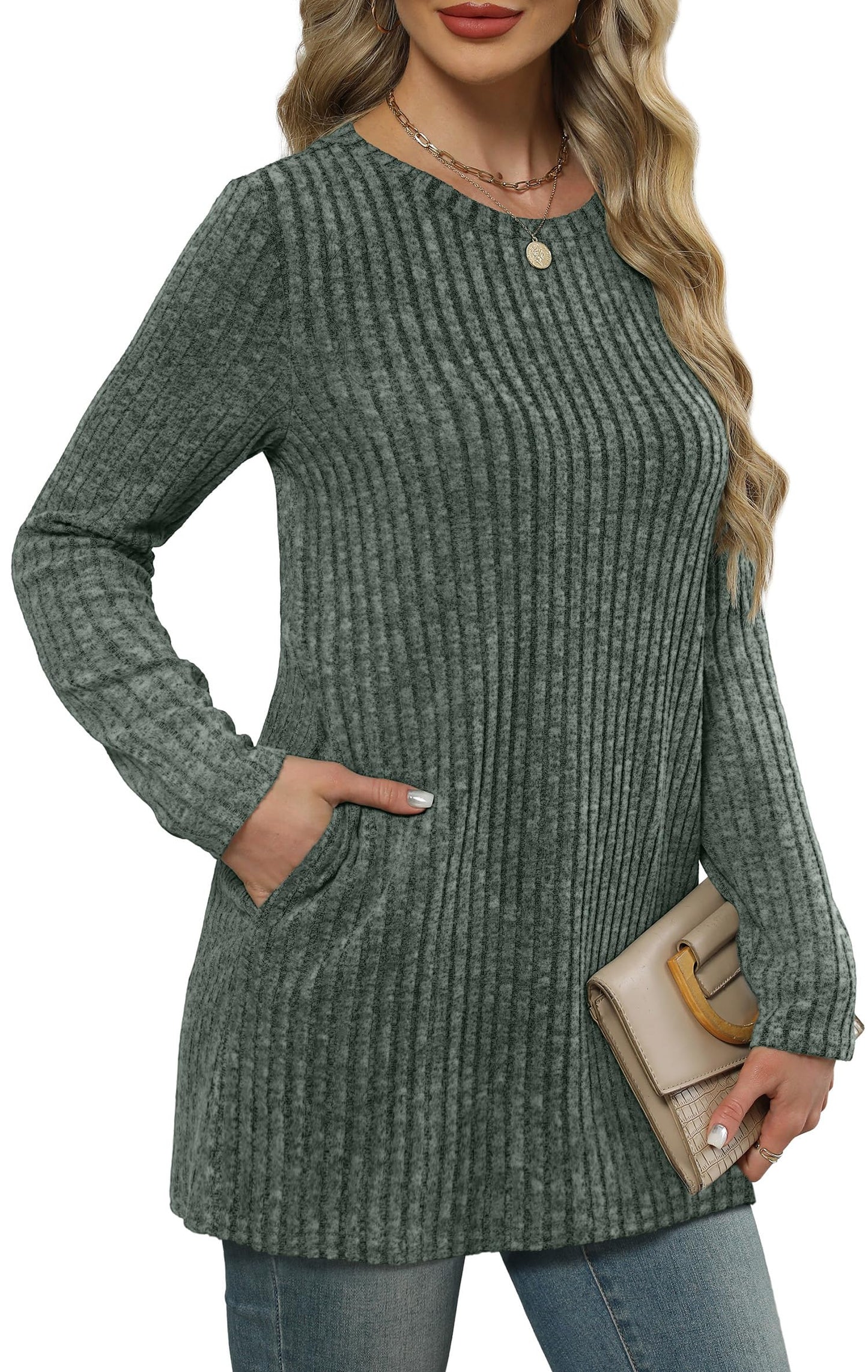 XIEERDUO Long Sleeve Shirts for Women Crewneck Tunic Tops Loose Fit Dressy Womens Sweaters with Pockets Fall Fashion 2025