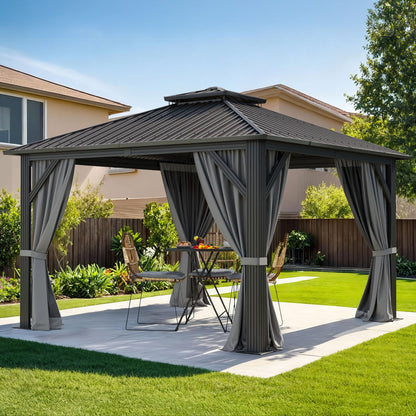 DWVO 12x12ft Metal Gazebo Hardtop Double Roof Canopy Outdoor Gazebo Galvanized Roof with Netting and Curtain Garden Tent for Patio, Backyard and Deck