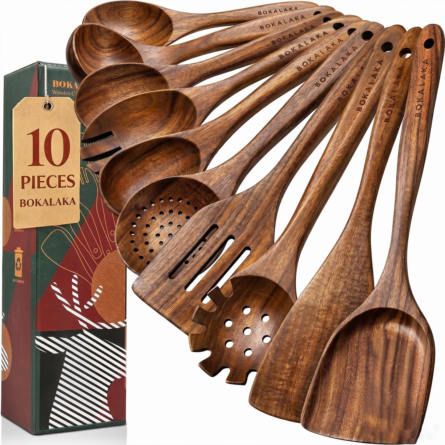 Wooden Spoons for Cooking,10 Pcs Natural Teak Wooden Kitchen Utensils Set Wooden Utensils for Cooking Wooden Cooking Utensils Wooden Spatulas for Cooking (10)