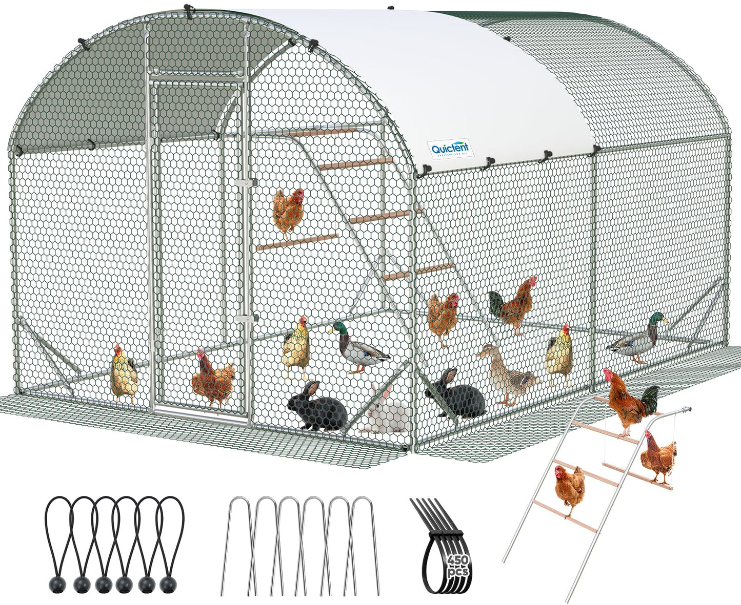 Quictent Essential Series 12x9x6.6ft Metal Chicken Coop Run with Climbing Ladder, Walk-in Outdoor Poultry Cage with PVC Coated Chicken Wire, Hen Duck Rabbit Farm House, Waterproof Anti-UV Cover
