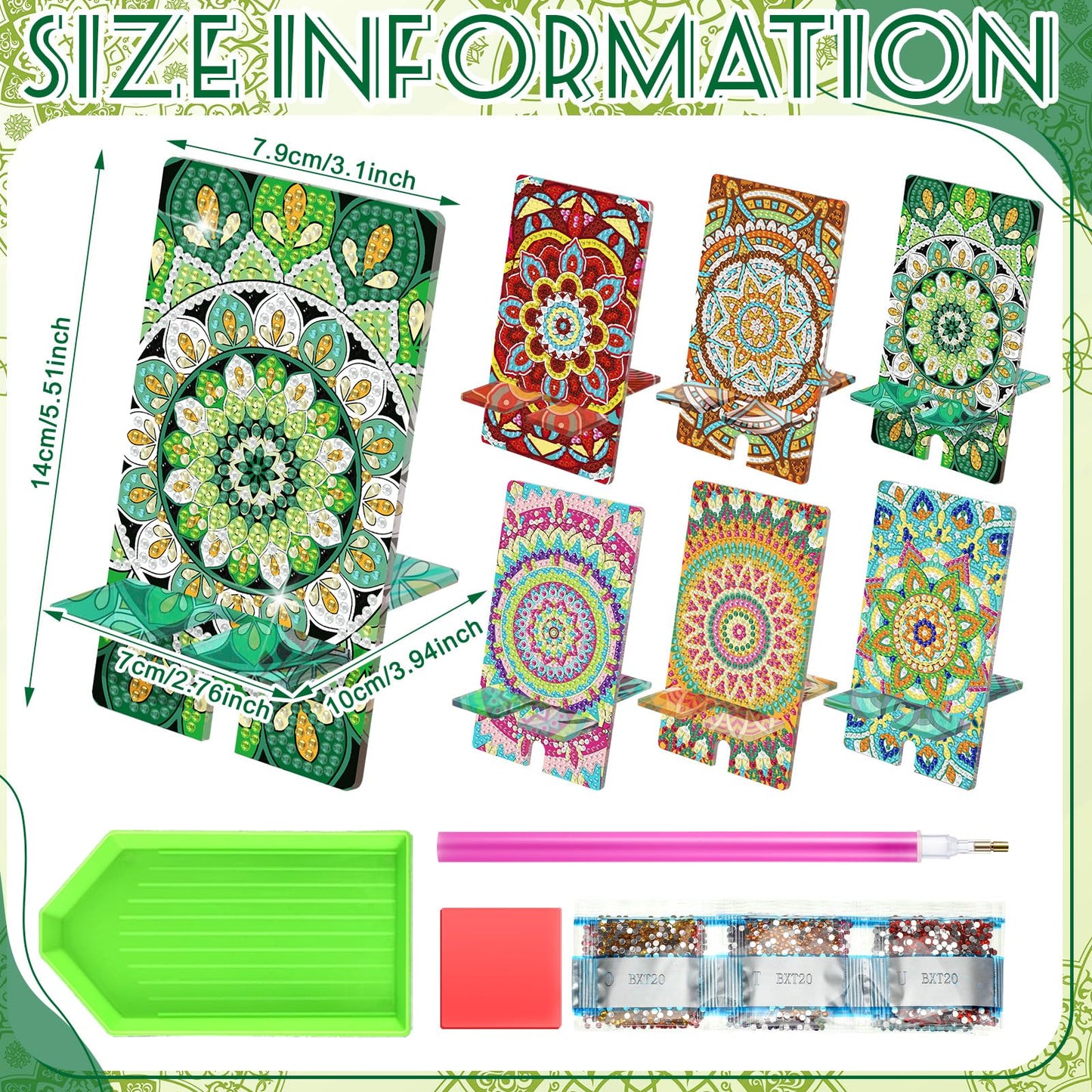 Saillong 6 Pcs Sage Green Mandala Diamond Painting Cell Phone Stand DIY Full Drill Crystal Diamond Art Phone Holder Bling Painting Art Craft Kits for Beginner Adult