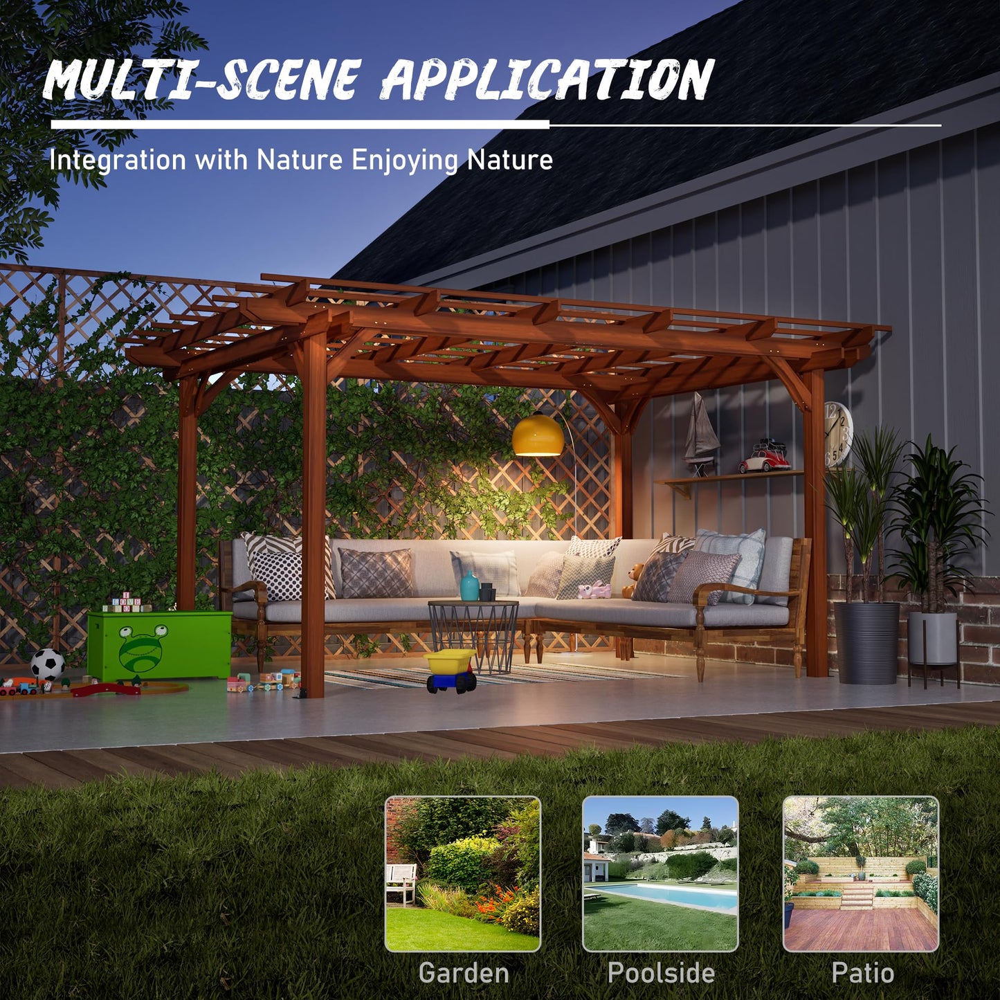 12 x 10 FT Outdoor Wood Pergola, Fir Wood Patio Pergola with Slatted Roof, Waterproof Garden Structure for Backyard, Deck, Patio and Lawn, Brown