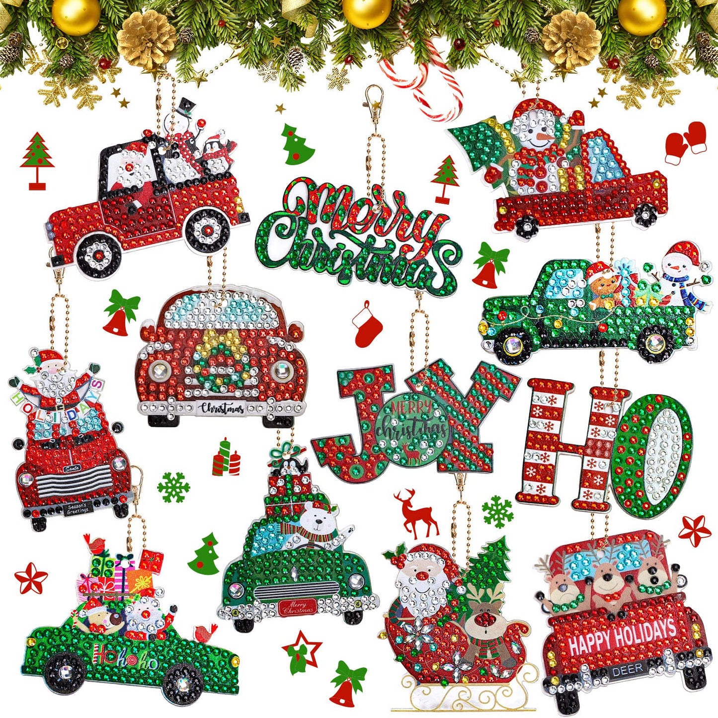AnyDesign 12Pcs Christmas Diamond Art Keychain DIY Handmade Truck Santa Snowman Gem Painting Pendant Rhinestone Mosaic Making Full Drill Diamond Key Chain for Crafts Gift