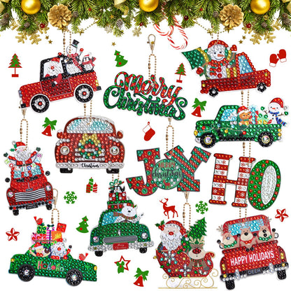 AnyDesign 12Pcs Christmas Diamond Art Keychain DIY Handmade Truck Santa Snowman Gem Painting Pendant Rhinestone Mosaic Making Full Drill Diamond Key Chain for Crafts Gift
