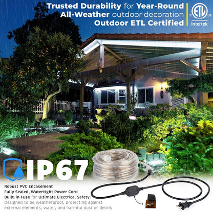 WYZworks 25ft LED Outside Rope Lights, 288 LEDs, Waterproof, Connectable, Cool White Christmas Landscape
