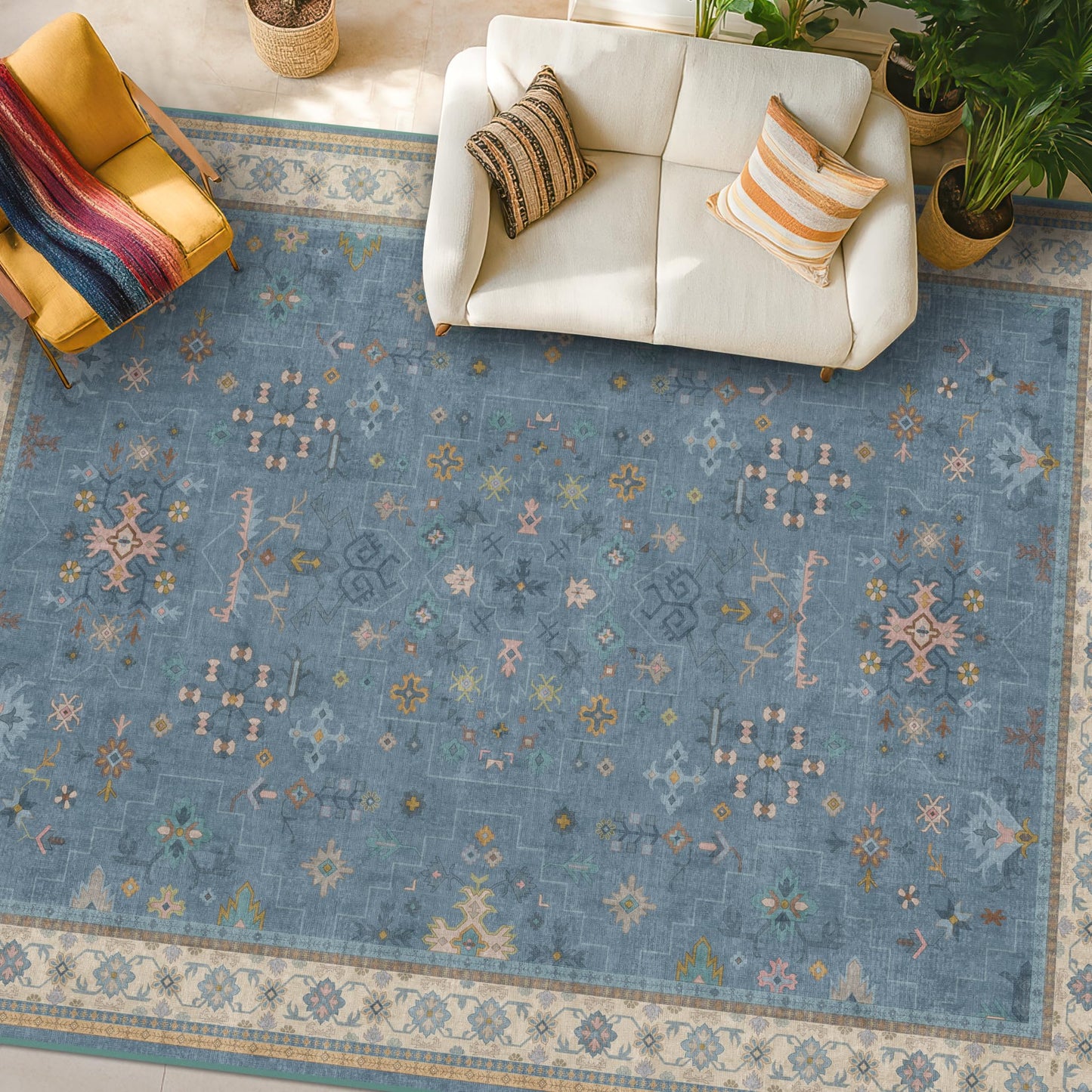 Hazo Haus Blue Big Rugs for Living Room - Dusty Blue 10x14 Area Rug for Large Bedroom, Dining Room, Washable Lightweight Low Pile Foldable Eclectic Modern Floral Home Décor