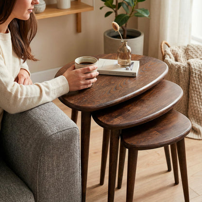 Ultimate Premium Products Solid Nesting Table Set of 3- Oak Mid Century Pebble Tables with Tapered Legs – Wooden Home Furniture in a Retro Style - Oak