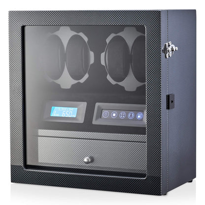 4 Watch Winder with 5 Watch Storage Space, LCD Display, Touch Control and Interior Light (Carbon + Black Velvet)