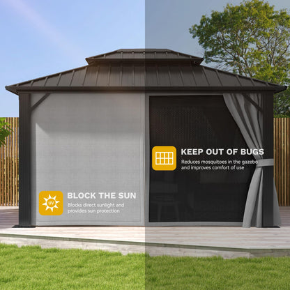 DWVO 10x12ft Hardtop Gazebo Double Roof with Nettings and Curtains, Heavy Duty Galvanized Steel Outdoor Vertical Stripes Roof for Patio, Backyard, Deck, Lawns, Grey