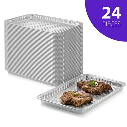 24-Pack Disposable Aluminum Foil BBQ Grill Topper Pan – Prevents Food from Falling into the Grill or Sticking to the Grate – No Clean Up Required – Perfect for Camping and Outdoor Use - 15” x10” x1.5”