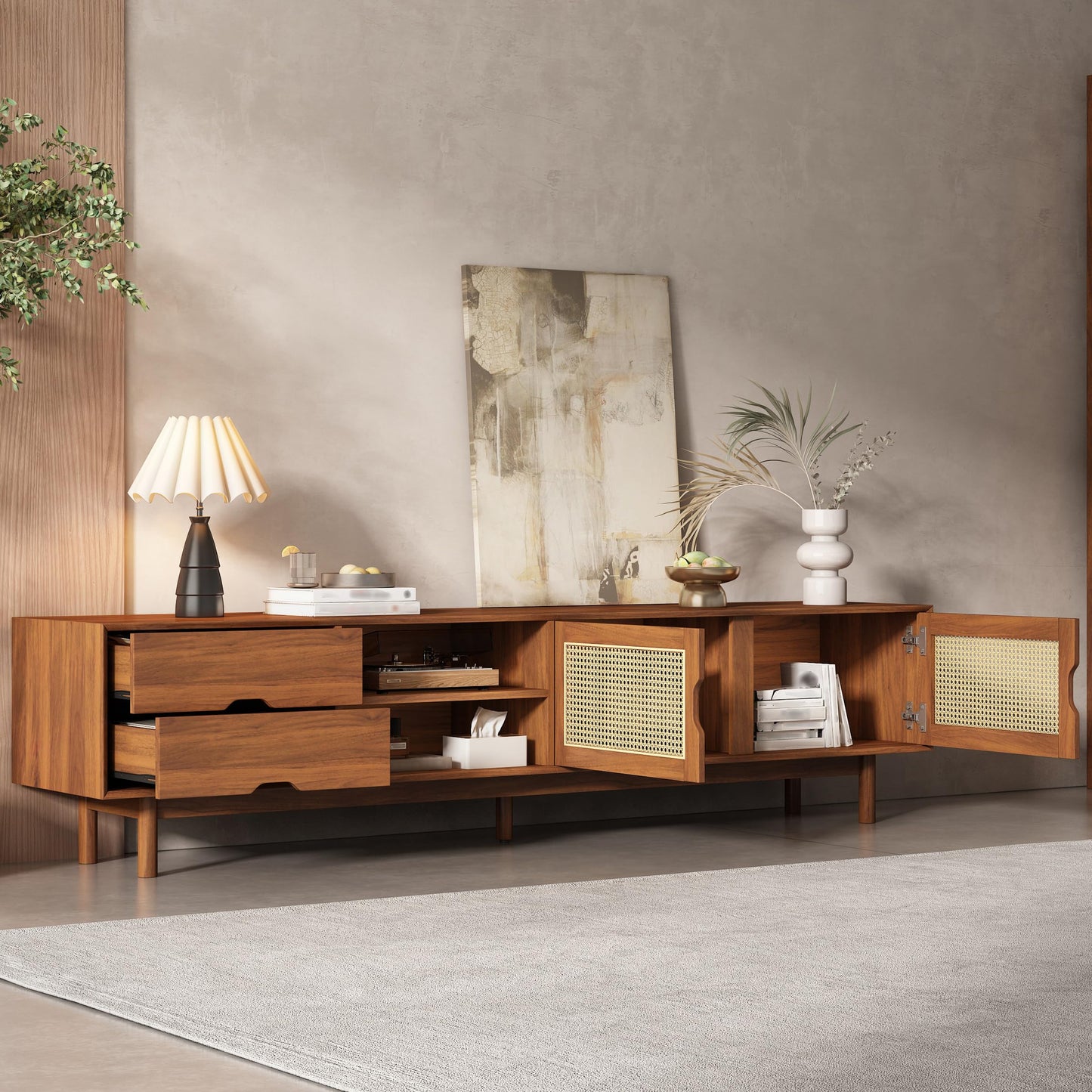 Merax Rattan TV Stand 78 Inch for 85 Inch TV, Modern Media Console with 2 Drawers, Wood Entertainment Center with Solid Wood Legs for Living Room