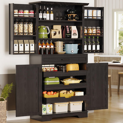 IRONCK Farmhouse Kitchen Pantry Cabinet, 72" Height Tall Freestanding Cupboard with Sliding Storage Rack and 6 Hanging Shelves for Kitchen, Dining Room, Black