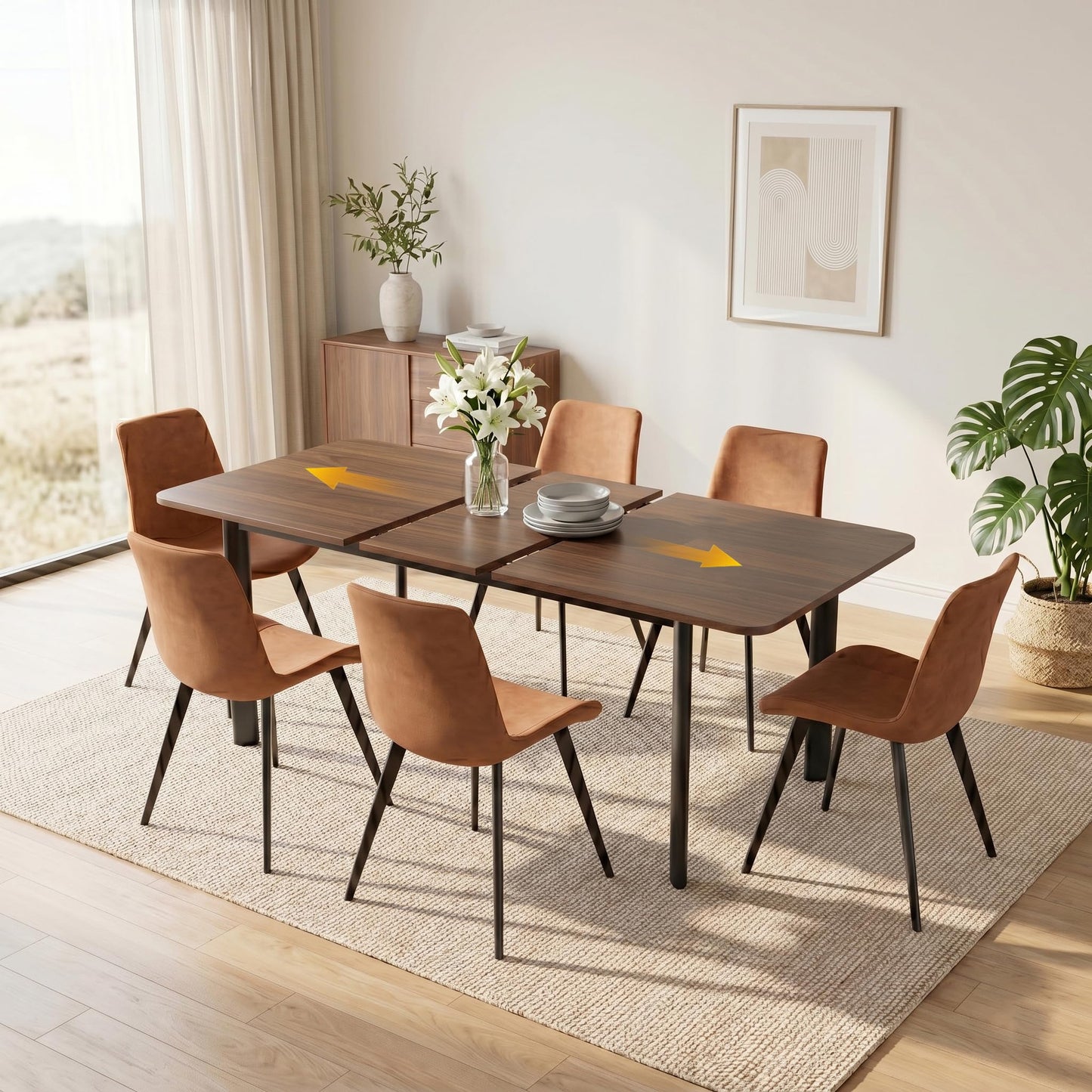 HIPIHOM 63"- 78.7" Extendable Dining Table Set for 6, 4-6 Person Modern Kitchen Table with 6 Brown Upholstered Dining Chairs, Thickened Expandable Wood Table Tops with Metal Bases, Walnut Dinner Table