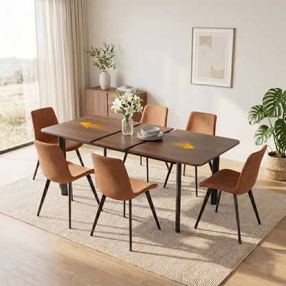 HIPIHOM 63"- 78.7" Extendable Dining Table Set for 6, 4-6 Person Modern Kitchen Table with 6 Brown Upholstered Dining Chairs, Thickened Expandable Wood Table Tops with Metal Bases, Walnut Dinner Table