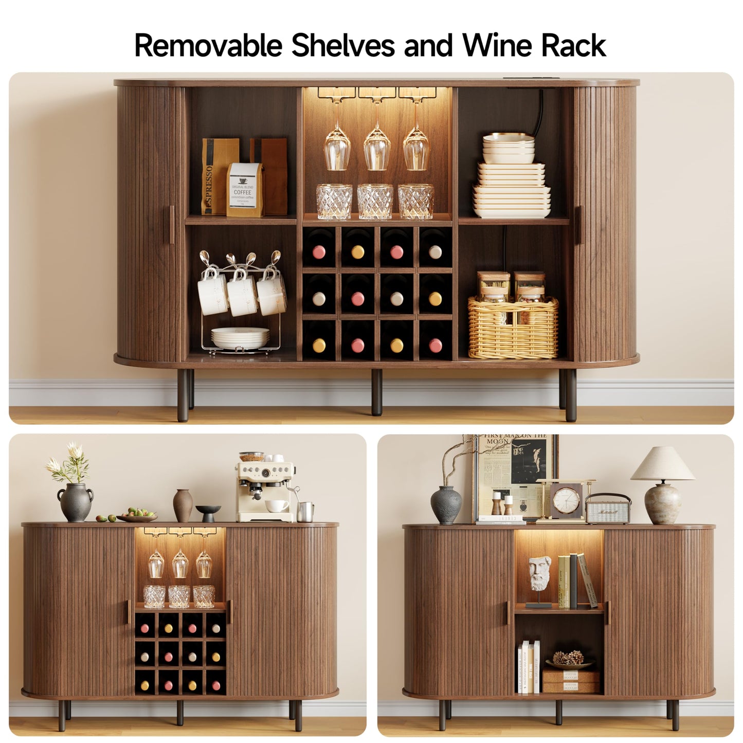 55" Wine Cabinet, Fluted Coffee Bar Cabinet with LED Light, Modern Liquor Coffee Station with Power Outlet, Wine Rack & Glass Holder, Sliding Door Buffet Sideboard Table for Kitchen, Entryway, Walnut