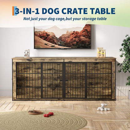 94.5" Dog Crate Furniture, Dog Kennel Furniture with Divider, Lockable, Wooden Crate TV Stand End Table for Large Medium Dogs, Rustic