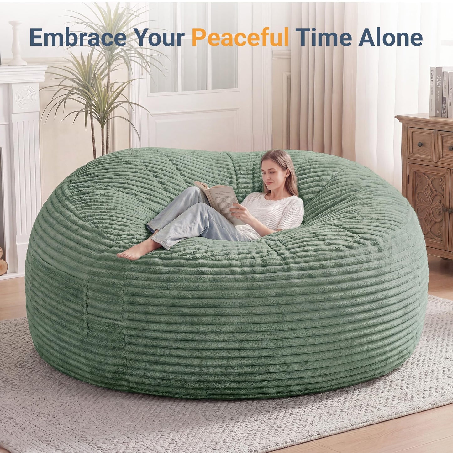 Claiks 8 Ft Giant Foam Bean Bag Chair, Oversized Couch with Removable Cover, Soft Plush Bean Bag Chairs for Adults and for Kids Teens Adults in Living Room, Green