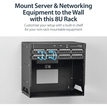 StarTech.com 2-Post 8U Open Frame Wall Mount Network Rack with Built-in Shelf, Wall Mount Data Rack with Adjustable Depth for AV / Computer / IT Equipment, TAA Compliant Server Rack (WALLSHELF8U)