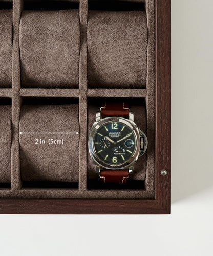 TAWBURY Wooden Watch Case - 12 Slot Wood Watch Box for Men & Women with Protective Fully Lined Interior and 2-inch Wide Pillows for Small & Large Watches (Dark Walnut)