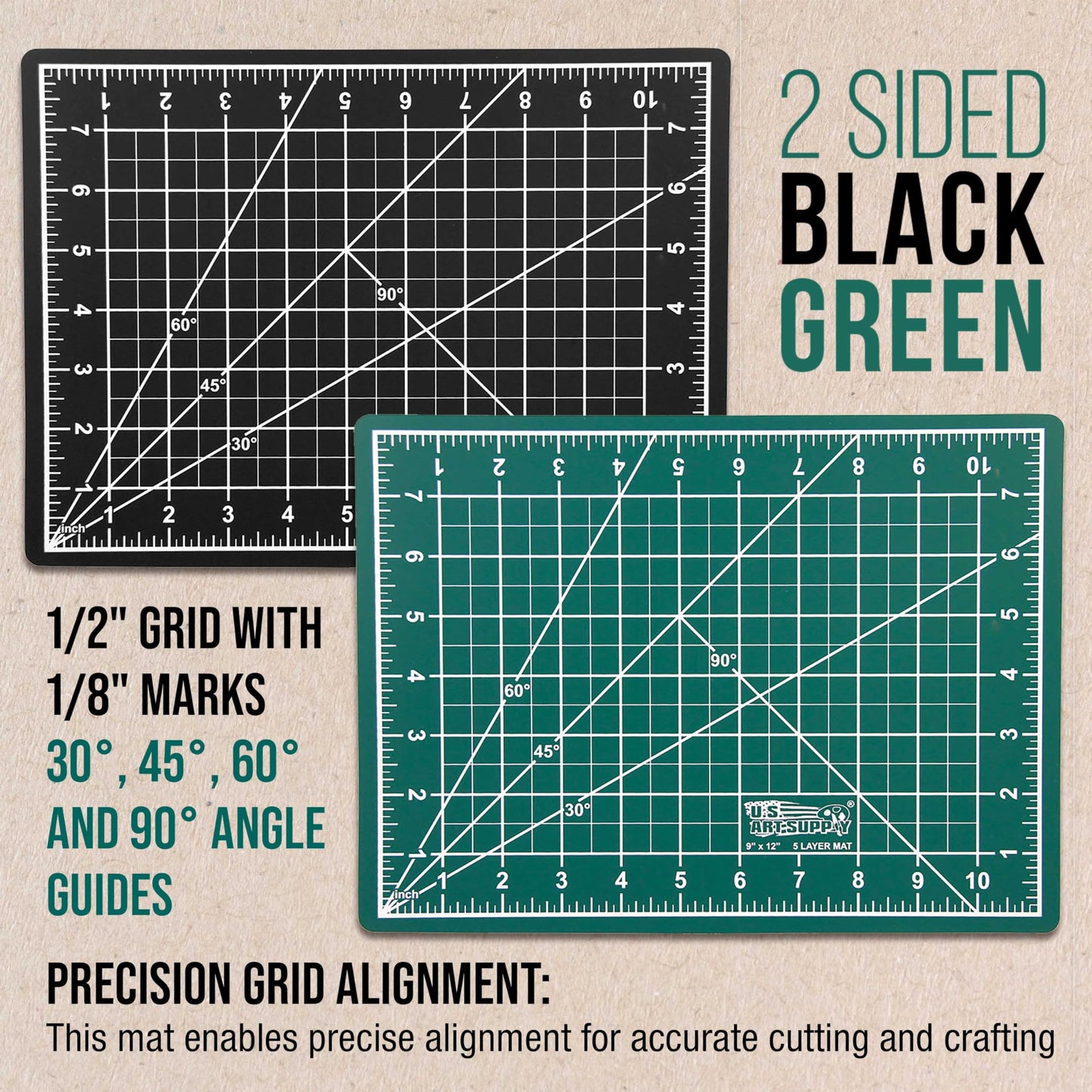 U.S. Art Supply 9" x 12" Self-Healing Cutting Mat 5-Ply (2 Pack) - Double-Sided Green/Black Craft Mat, Non-Slip Cutting Mats for Crafts, Sewing, Quilting, Scrapbooking