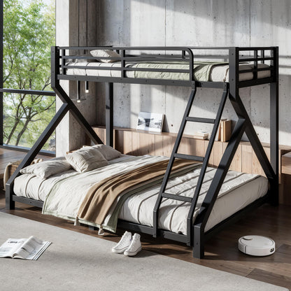 Bellemave Twin XL Over Queen Bunk Bed Frame with Noise Reduced Design, Low Profile Bunk Bed with Ladder and Fence, Heavy Buty Bunk Beds for Adults, Teens