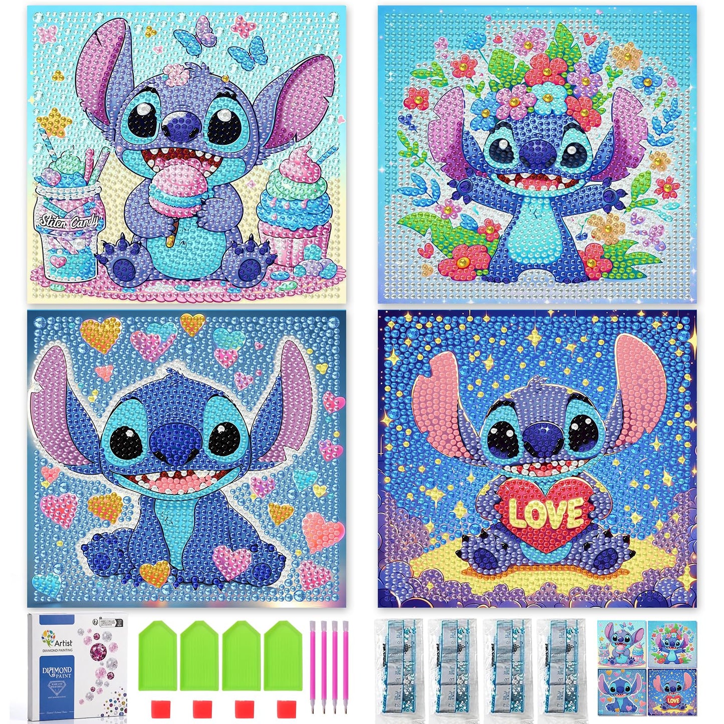 LWZAYS 4 Pack 5D Cartoon Diamond Painting Kits for Kids Beginners, Diamond Art Kit for Kids Ages 8-12, Mosaic DIY Full Round Drill Big Gem Art for Kid, Home Wall Decoration 6X6 inch (with Gift Box)