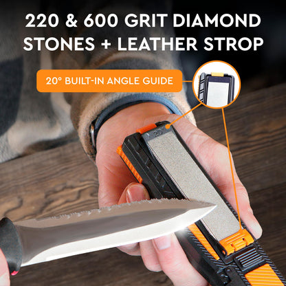 Orange Ninja Pocket Field Knife Sharpener – 8-in-1 Camping & Hunting EDC Knife Sharpener with Guided Diamond Whetstones, Leather Strop, Fire Starter & Diamond Rod