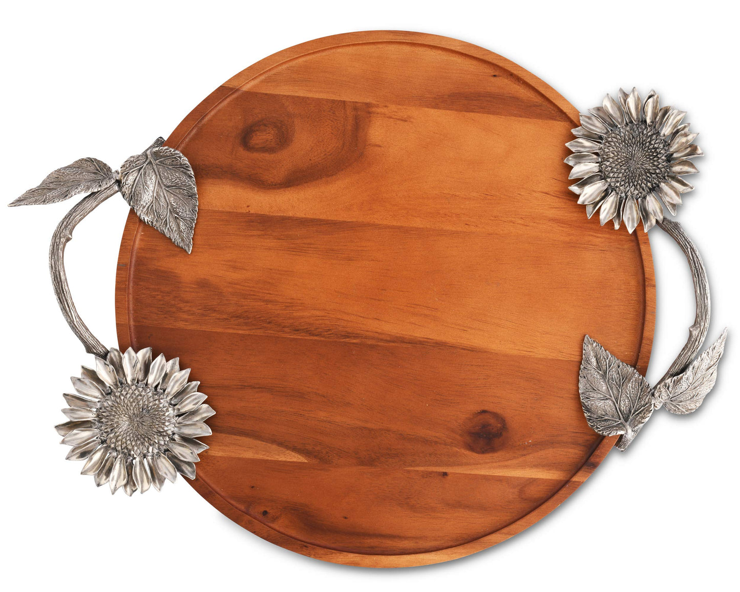 Vagabond House Acacia Wood Serving Tray with Pewter Sunflowers Handles Serving Cheese Drinks 18 inch Diameter