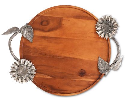 Vagabond House Acacia Wood Serving Tray with Pewter Sunflowers Handles Serving Cheese Drinks 18 inch Diameter