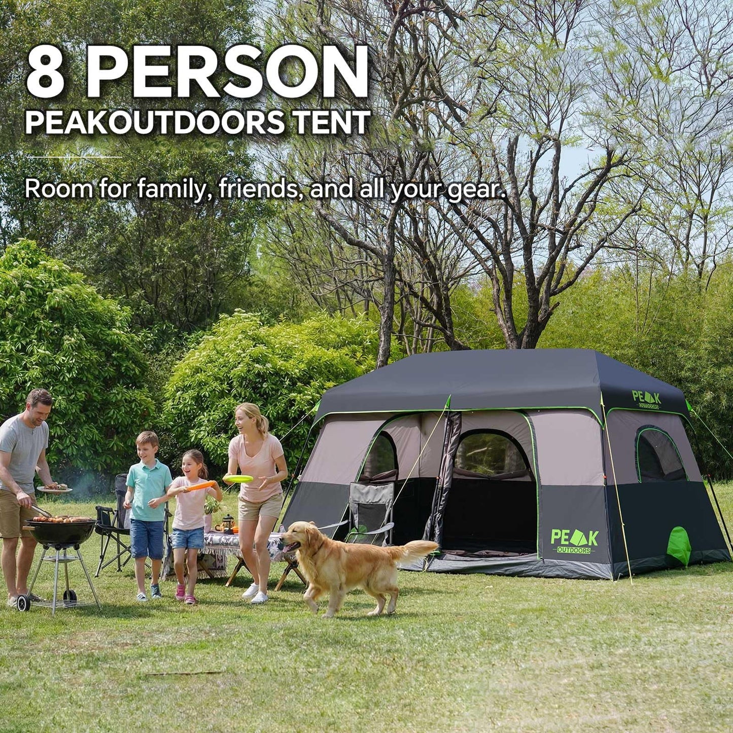 PEAK OUTDOORS Instant Tent 6/8 Person Tents for Camping, 60 Second Easy Setup Portable Camping Cabin Tent with Rainfly, Waterproof Pop Up Tents for Family Camping & Hiking with Expandable Carry Bag