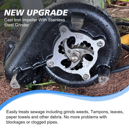 Sewage Effluent Grinder Pump, 1HP 110V 6400GPH, Stainless Steel Cast Iron with Automatic Float Switch, 2'' NPT Discharge for Basement, Sump Basin, Residential Sewage