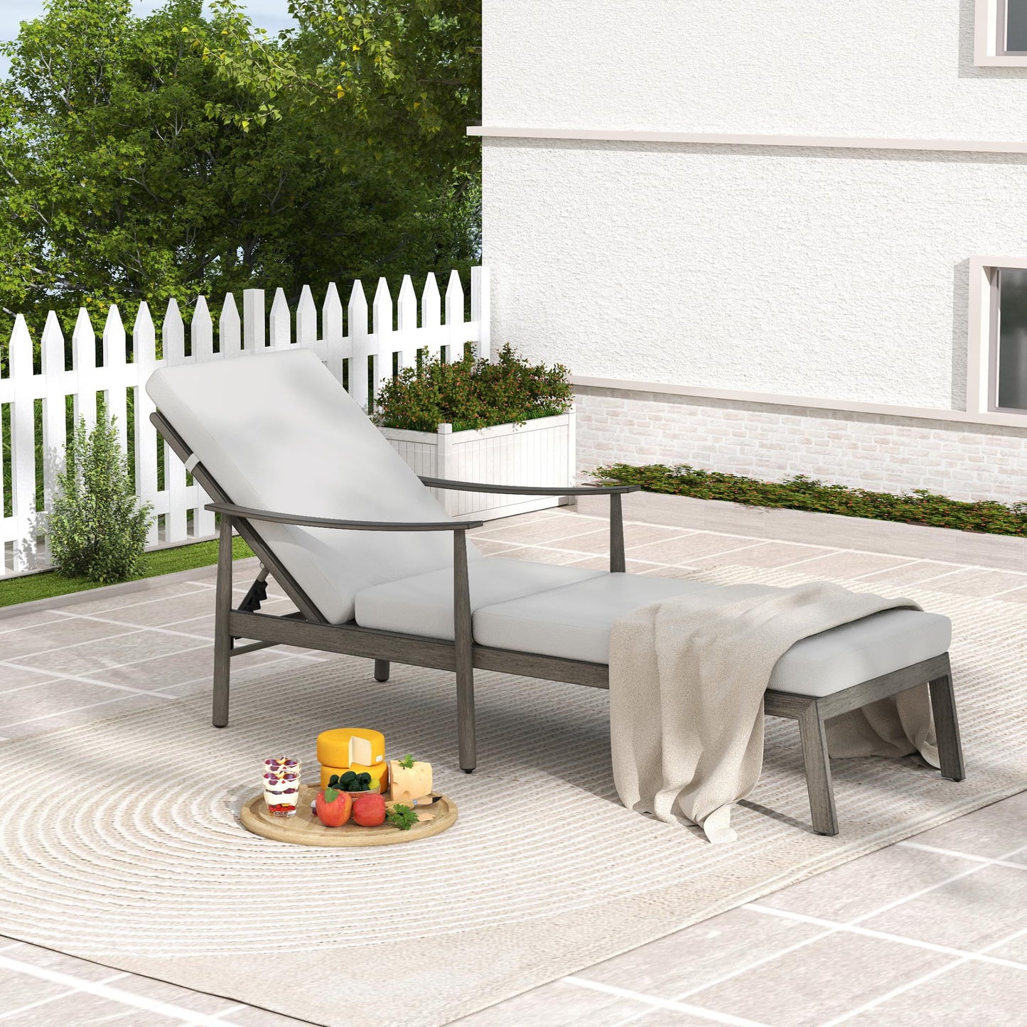 HAPPATIO Outdoor Chaise Lounge - Aluminum Pool Lounge Chair with Adjustable Backrest and Cushion, Curved Armrest, Outdoor Lounge Chair for Beach, Yard, or Poolside (Grey)