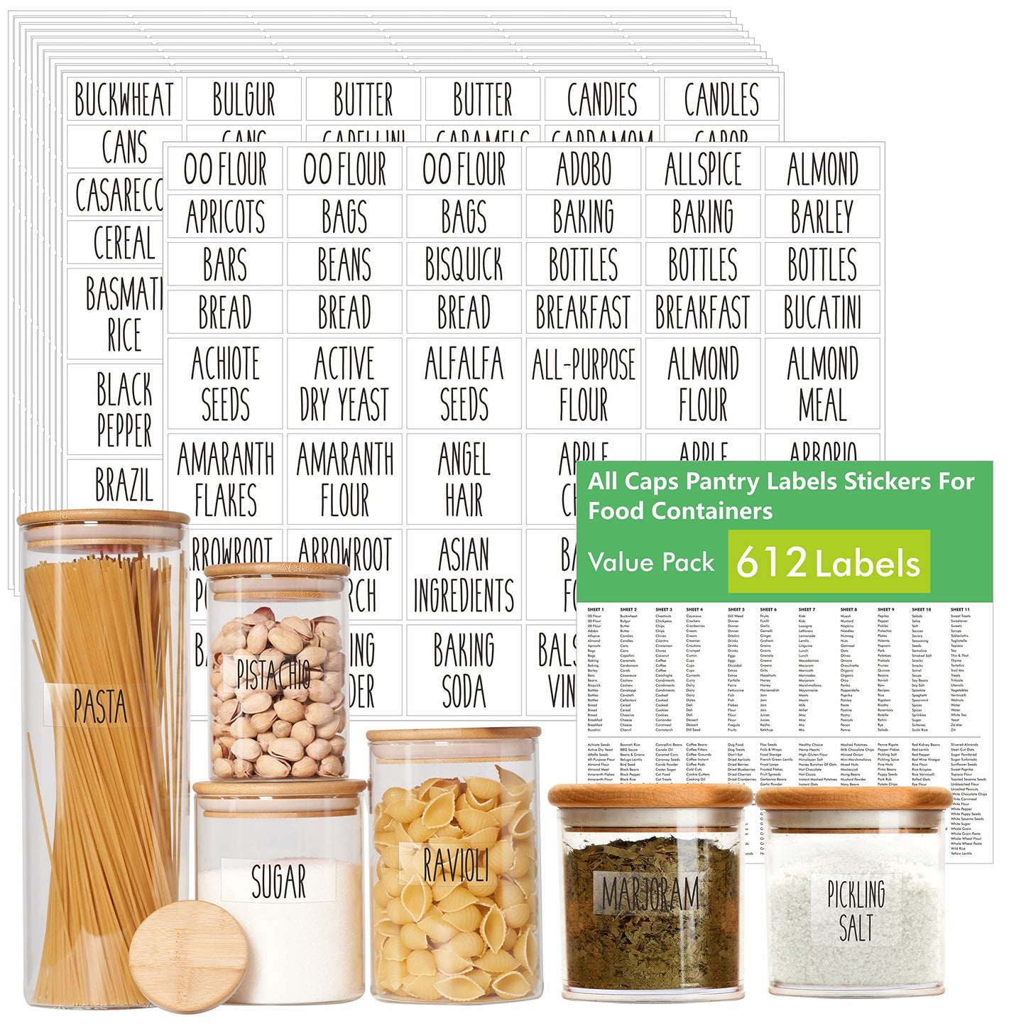 Hebayy 612 All Caps Minimalist Pantry Food Labels, Herb Spice Seasoning Oil Stickers, Plus 51 Blank Ones, Waterproof, Oil & Tear Resistant, No Residue, Expand Version for Kitchen Containers Jars