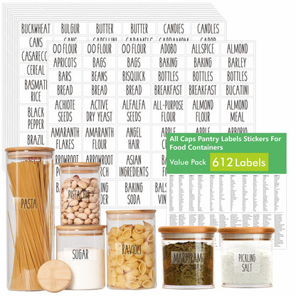 Hebayy 612 All Caps Minimalist Pantry Food Labels, Herb Spice Seasoning Oil Stickers, Plus 51 Blank Ones, Waterproof, Oil & Tear Resistant, No Residue, Expand Version for Kitchen Containers Jars