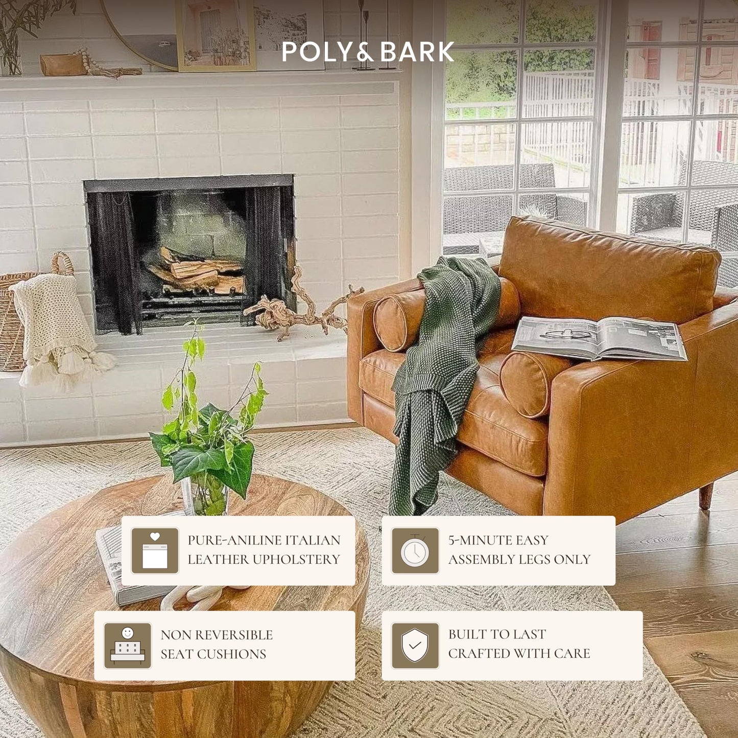 Poly & BARK Napa Leather Accent Chairs 42" – Set of 2 - Mid Century Modern Armchair with Bolster Pillows, Living Room or Bedroom Chair in Cognac Tan