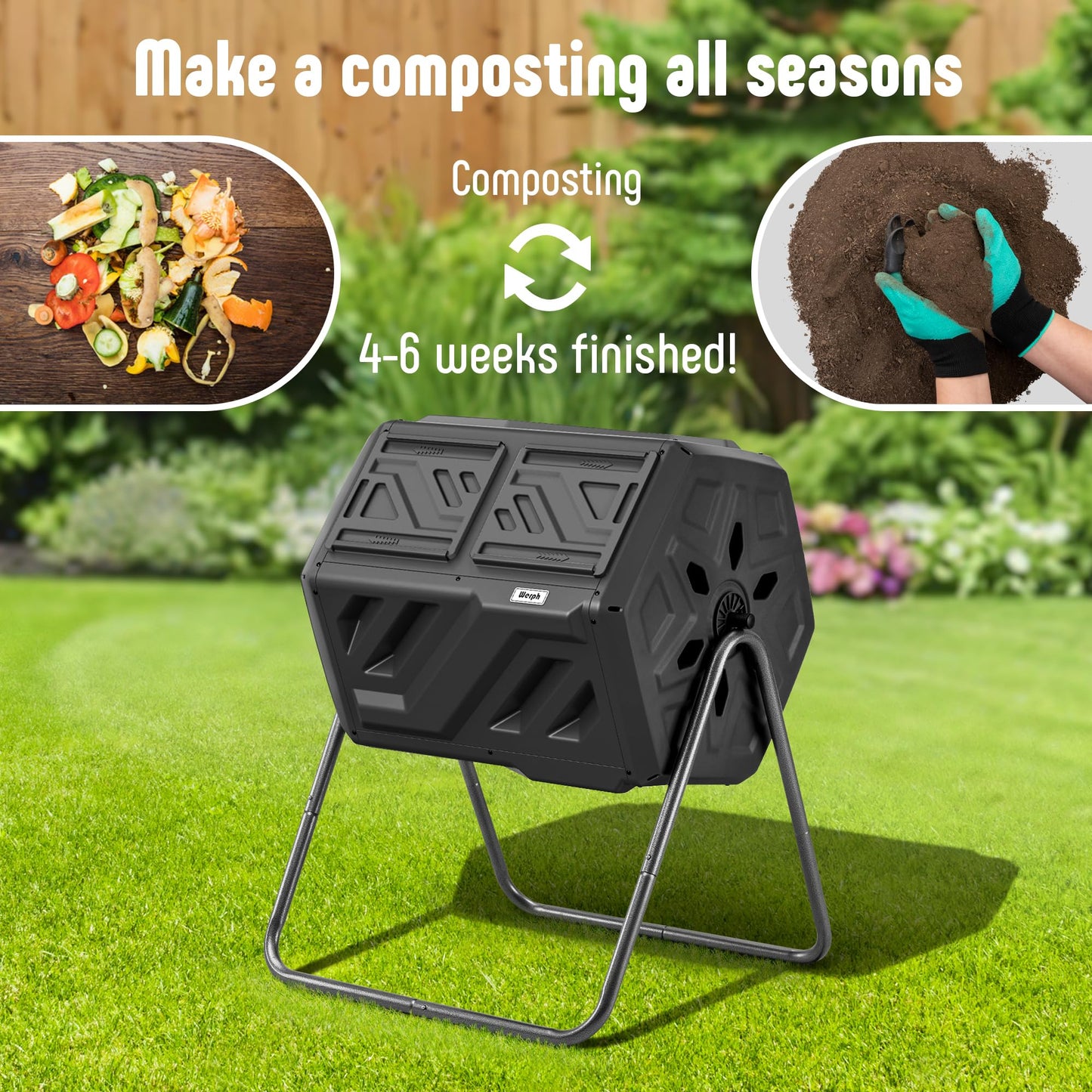 Werph 43 Gallon Compost Bin with Gloves, Fast Assembly & Easy Setup Outdoor Compost Tumbler, Updated Dual Chamber Tumbling Composter for Garden, Kitchen, and Yard Waste, Black