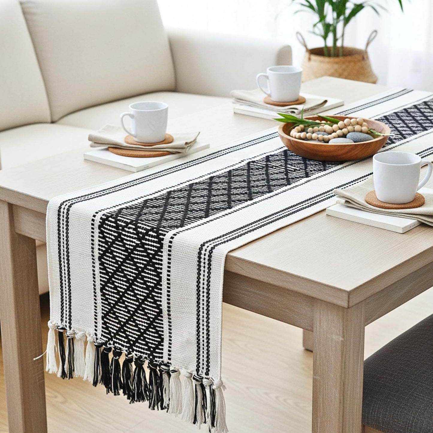 14 72 Inches, Boho Table Runner with Tassel x Black & Cream Cotton Woven Washable Dresser Scarf Top Cover for Furniture