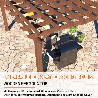 BlueWish 12’ x 14’ Cedar Wood Patio Pergola with Slatted Trellis Roof, Outdoor Pergola Backyard Gazebo with Solid Structure for Deck Yard Grill Party Garden