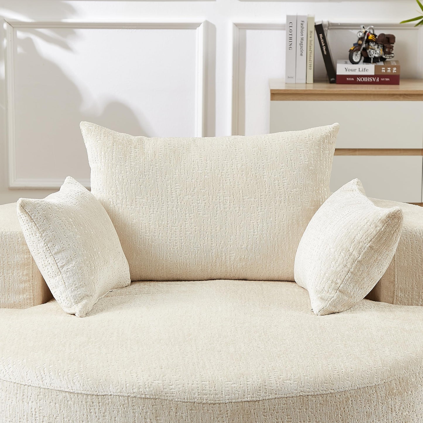 KEIKI 55" Chenille Accent Chair, Sponge Barrel Chairs Upholstered Round Sofa, Single Couch Armchair for Living Room, Beige