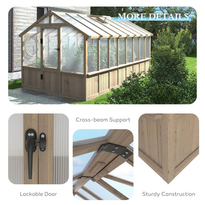 Yardenaler 8x16 FT Greenhouse for Outdoor, 6MM Thick Polycarbonate Panel Wooden Walk-in Green House with Adjustable Roof Vents and Lockable Door, Backyard Garden, Light Mocha Brown