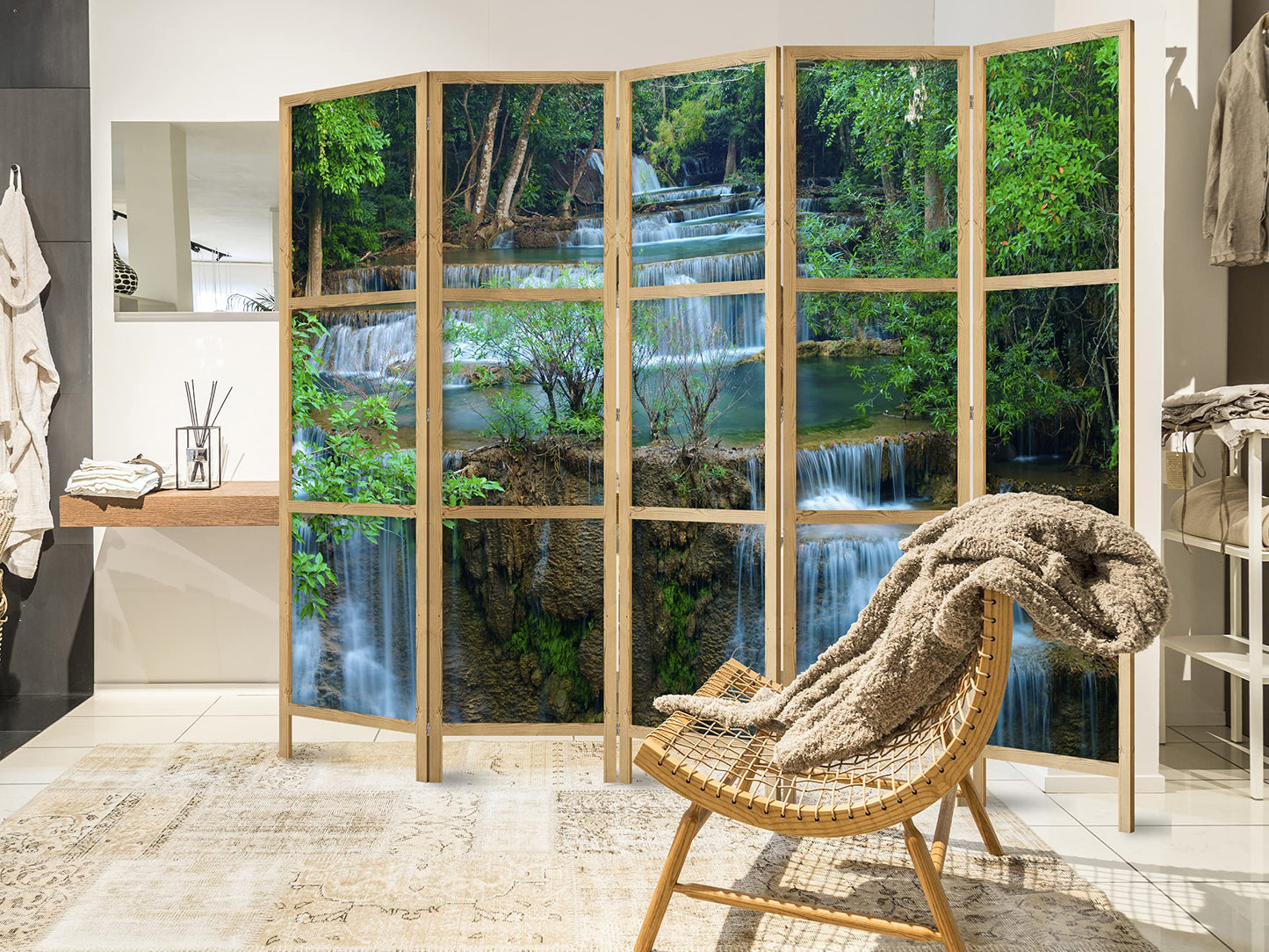 artgeist Japanese Room Divider XXL Landscape Waterfall Nature 90 x 67 in - 5 Panel Folding Screen Japan Design Home Decoration Art Deco Forest c-B-10008-z-a