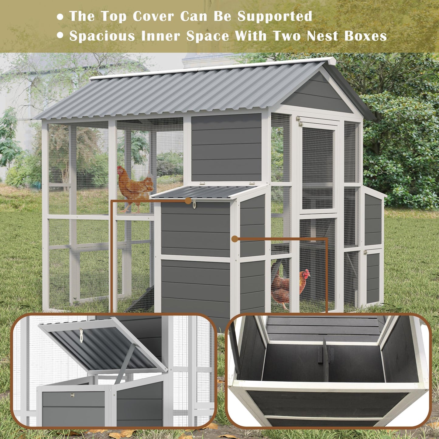YOPTO Outdoor Chicken Coop for 10 Chickens,Extra Large Wooden Chicken House Nest Box Hen Houses with 2 Chicken Nesting Boxes,Poultry Pet Hutch w/Walk in Desgin,Ramp and Run,Waterproof Roof
